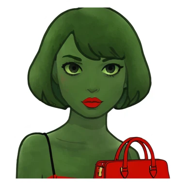 Blonde girl with short hair with green eyes red lips and she gives a kiss with holding a birkin bag sticker