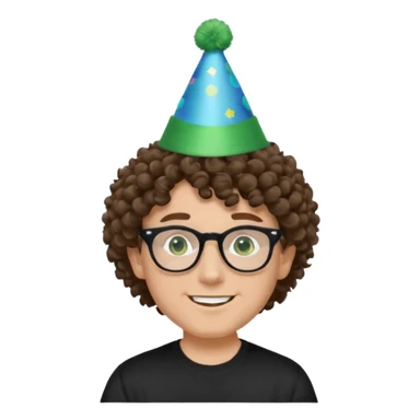 A white guy with curly brown hair and green eyes with a happy face, and wear square black glasses.He’s also got a full silver birthday party hat on his head with blue pom poms on top of it, and his T-shirt is all black, he wears a little gold circle earrings on his left  sticker