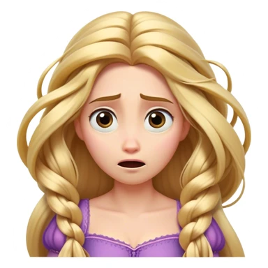Cinematic Funny Rapunzel Portrait Emoji, Looking exhausted while tangled in her own hair, a dramatic sigh, eyes rolling with humorous exasperation, a hilariously relatable moment for the long-haired princess! sticker