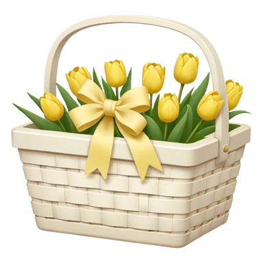 A white Picnic basket with yellow pastel bow, white peonie, tulips sticker