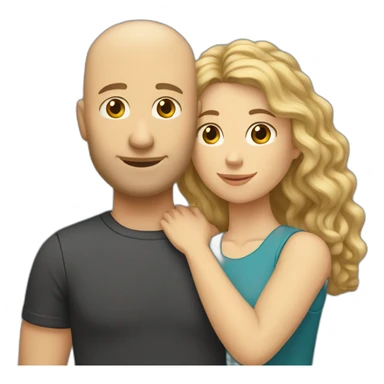 caucasian bald man and a caucasian woman with long curly dark hair and bangs hugging sticker