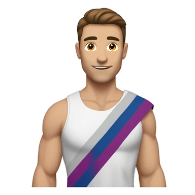 A muscular white man with half-slanted brown eyes and brown hair style with a parting on the left side holding the bisexual flag sticker
