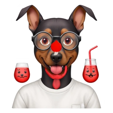 Generate a emoji of a big evil doberman dog with red eyes and a tongue sticking out, give the doberman a human body with a white shirt and baggy jeans, make the doberman have ear piercings and a septum ring, make the dog have black circular glasses with a red tint sticker