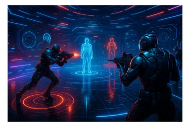 virtual combat training space, immersive digital environment, futuristic, advanced technology, glowing elements, dynamic action, suitable for a game or simulation, no text sticker