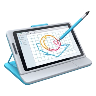 Create an emoji for 3D visualization and modeling. Show wireframe model that pops out from the screen of a large graphic tablet with a stylus drawing in a 3D modeling program. Use modern, professional colors. Do not include any emojis or smiley faces. Make the background transparent. sticker