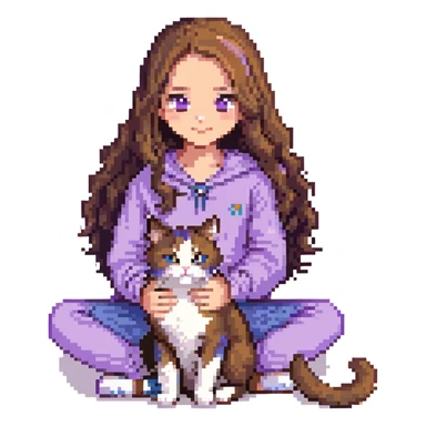 Add a simple, cheerful background to the scene with a girl with long, wavy brown hair, brown eyes, purple clothes, sitting with a three-color cat, in pixel art style. sticker