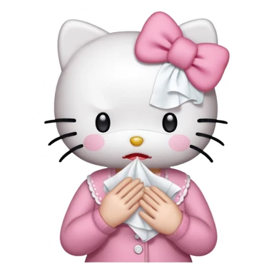 Hello Kitty from Sanrio, holding a tissue, crying, classic outfit, soft pastel background sticker