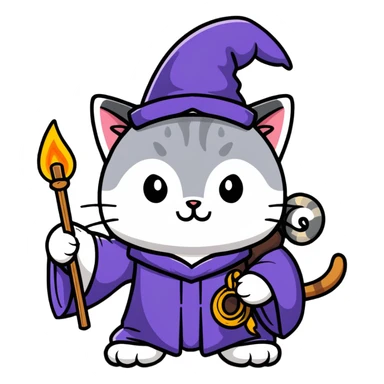 A cat wizard casting a spell with magical staff and flowing robes sticker