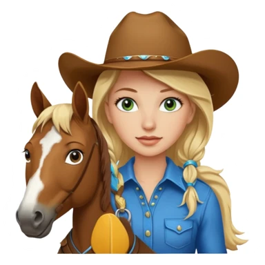 una cowgirl bionda con occhi azzurri/verdi sopra un quarter horse con criniera marrone sticker