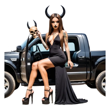 Sensual queen long brown straight haired mafia woman with black shiny platform high heels on her feet, black devil horns on her head, tattoos on arms , holding a human head skull. in the back seat of a large big new model F350 pickup truck full of cash wearing long sex dress with big butt sticker
