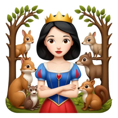 Snow White emoji with woodland animals, friendly and gentle, classic princess look sticker