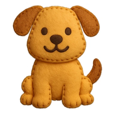 <StylePrompt>
  <Name>Felt Appliqué Plush Style</Name>
  <Description>A soft, handcrafted look inspired by plush felt fabric with visible stitching and a padded 3D texture, rendered on a solid black background.</Description>
  <VisualProperties>
    <Material>Felt</Material>
    <Texture>Soft, fuzzy, with slight fiber detail</Texture>
    <Stitching>
      <Type>Thick thread</Type>
      <Color>Orange or slightly darker tone than fabric</Color>
      <Pattern>Uniform running stitch along outer edge</Pattern>
    </Stitching>
    <Padding>High, plush-like 3D depth</Padding>
    <Edges>Rounded corners</Edges>
    <ColorPalette>
      <Primary>Warm yellow/orange tones</Primary>
      <Accent>Brown or dark orange for facial features and outline</Accent>
      <Background>Black</Background>
    </ColorPalette>
  </VisualProperties>
  <Rendering>
    <Lighting>Soft, even studio lighting</Lighting>
    <Shadows>Subtle drop shadows for depth</Shadows>
    <Perspective>Flat front-facing, symmetrical if applicable</Perspective>
  </Rendering>
  <Applicability>
    <SubjectType>Any object, animal, or letterform</SubjectType>
    <OutputFormat>Icon, emoji, patch-style graphic</OutputFormat>
  </Applicability>
</StylePrompt>

{subject} = dog sticker