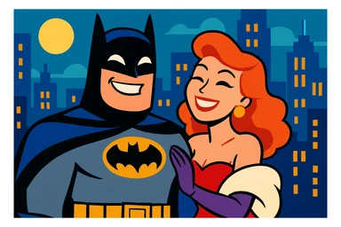 Batman with a woman in glamorous attire, both smiling, vibrant toon style, city background, lighthearted mood sticker
