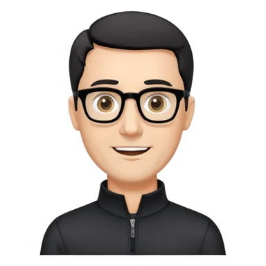 Caucasian man with very short black hair, short graying beard, large black eyeglasses, cheerful expression, black long sleeve shirt with quarter zip at collar sticker