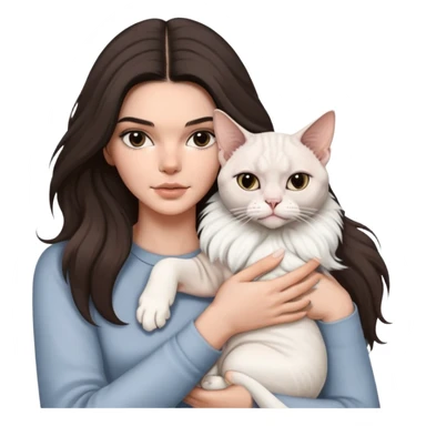 brunette Kendall Jenner with long hair holding on the hands a british white cat and a grey Sphynx sticker