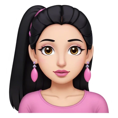 Pelo negro largo, tez morena, ojos grandes y marrones con muchas pestañas, cejas pronunciadas arqueadas, nariz pequeña, labios grandes y rosados claros, top de salir rosa, pantallas en la orejas y orejas pequeñas  sticker