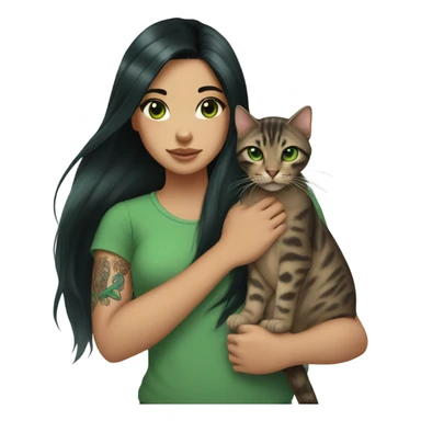 girl with long straight black hair and brown eyes, wearing a green shirt. mermaid tattoo on her arm. fairer skin. she is holding her bengal cat with green eyes. only the chest up is visible in the emoji sticker