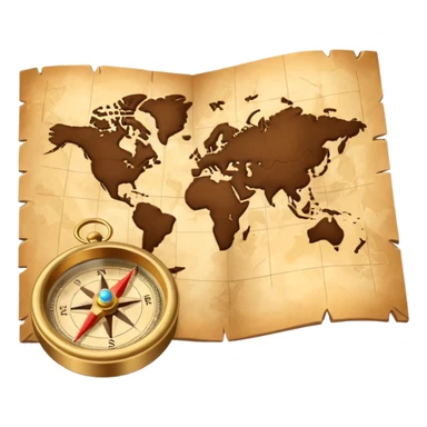 3D Brown golden map with Travel compass pointing to adventure sticker
