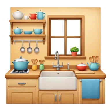 A cozy home kitchen in clean emoji-style illustration. Warm colors, simple shapes, homemade dishes on the counter, friendly atmosphere, flat design, high contrast, clear outlines. sticker