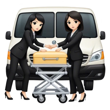 One black haired woman and one brunett woman in black pants suits punching a funeral stretcher in to a black Mercedes Vito funeral van  sticker