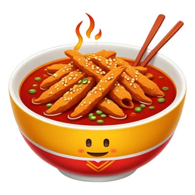 Spicy Gluten Strips in bowl with red chili oil, simplified emoji style with bold outlines and bright colors, cartoon style Chinese street food Mala Jisi sticker