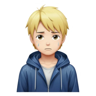 Anime character boy with sad expression standing in the rain, anime art style sticker