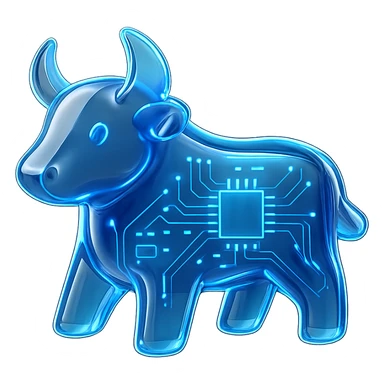 minimal high-tech bull icon with blue accents and glowing effect, digital circuit style sticker