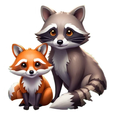 Collage of a raccoon and a fox, in close-up, surrounded by a colorful forest with rich green trees, thick bushes, and vibrant foliage. Sunlight peeks through the branches, casting warm light on the animals. A lively, natural setting with a transparent background. sticker