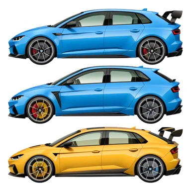 three cars lineup fromt profile forming a semi circle with a lamboghini svj an bmw m140i and a audi ra6 sticker