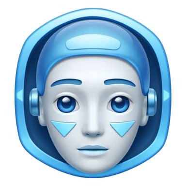 A non-human presence appearing as a glowing blue-white holographic interface with floating geometric shapes or a faint head-and-shoulders outline and no physical facial features. sticker