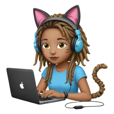 black girl with dreads who works remotely through a laptop with headphones that have plastic cat ears connected to the headphones.  sticker