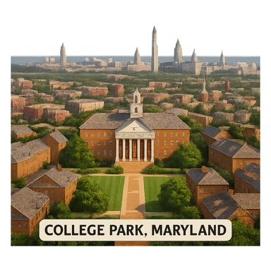 cinematic realistic emoji of College Park, Maryland, panoramic cityscape with University of Maryland campus, Washington DC landmarks in the distance, lifelike detail, accurate colors, bright daylight, no sky, no clouds sticker