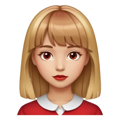 girl with light brown hair with lots of blonde highlights and bangs and a red face sticker