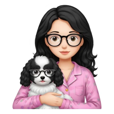 long wavy black haired girl wearing black framed glasses in a pink pjs while holding her fluffy white dog sticker