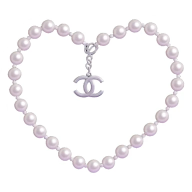 Add a string of pearls around the heart, keep the silver Chanel logo, elegant, glossy, black and white, 3D emoji style, with no background sticker