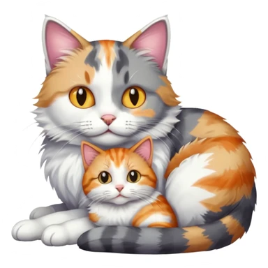 grey and white cat cuddling a colourful light patched calico + white tabby cat sticker