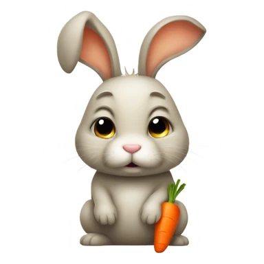 Little bunny with carrot in its mouth and a sad face sticker