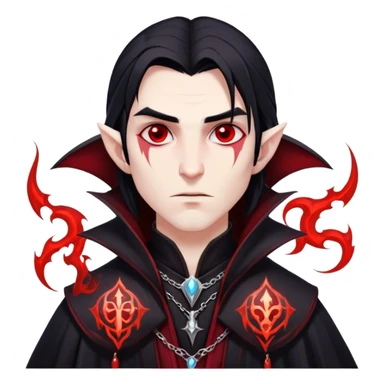 Cinematic Realistic WoW Vampire Mage Portrait, head tilted epicly and inquisitively, showcasing a commanding presence and ancient arcane mastery. His pallid skin and sleek dark hair are set against the intricately detailed black robe—with silver accents and mystical runes—that remains consistent in its shadowed elegance. His piercing crimson eyes blaze with forbidden power, rendered with dramatic, lifelike clarity and high shine, epic and awe-inspiring. sticker