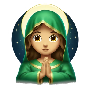 Virgin Mary: kind face looking down at the left, long brown hair, Wearing an emerald green  robe,  Hands in prayer or blessing. Halo around her head. standing on a crescent moon.  sticker