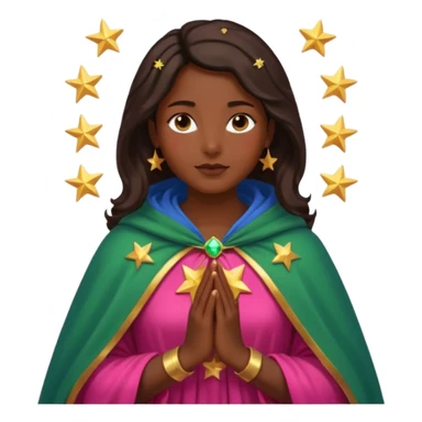 Mujer de piel morena, rostro sereno, manos juntas. Vestido rosa rojizo manto capa azul verdoso con muchas estrellas doradas pequeñas Resplandor como rayos de luz dorado alrededor del cuerpo. sticker