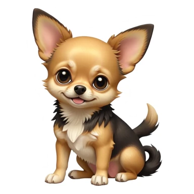 cinematic-[chihuahua dog]-realistic-full-body-sitting-emoji,-tail-resting-loosely-beside-its-paws,-head-tilted-dramatically,-scruffy-[black and tan]-fur,-simplified-yet-realistic-focused-features,-highly-detailed,-glowing-with-an-almost-sarcastic-glow sticker
