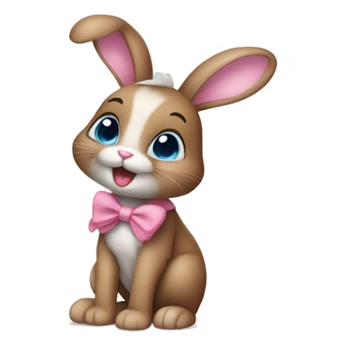 cute brown bunny with pink bow, one ear different from another, one leg white, other gray, blue eyes, more light sticker
