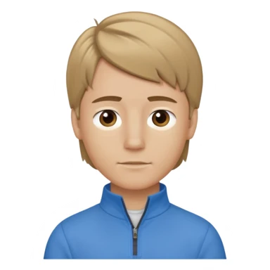 boy with dark blonde hair in a mullet to the front, with a neat blue shirt (not a t-shirt) and brown quarter zip sticker