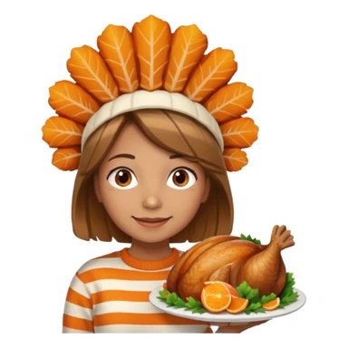 happy tan girl with an orange striped sweater and a cooked browned turkey on her head  sticker