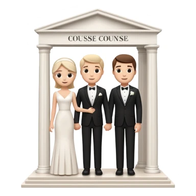 A 3D cartoon courthouse wedding venue with a bride and groom standing at the entrance, elegant white columns, soft natural lighting, simple modern decor, minimal background, realistic Memoji-style rendering. sticker