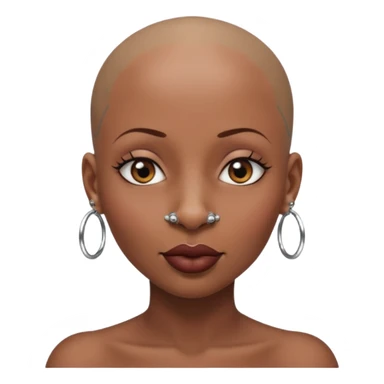 Grown black (proud) woman, bald with a perfect head, a prominent nose with a septum piercing, many piercings on her ears, a gap between her front teeth and very long nails sticker