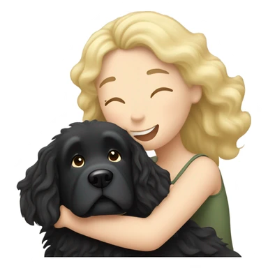 fluffy black Newfoundland dog hugging woman with wavy blond hair  sticker