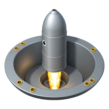 grey missile silo hatch open, and the top two thirds of a white nuclear missile launching out of the silo is shown sticker