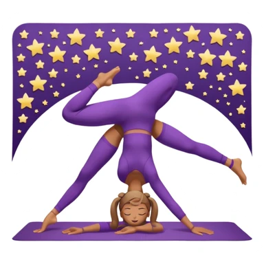 A woman wearing a purple yoga suit doing downward dog pose on a mat, pastel background with floating stars. sticker