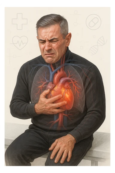 a middle-aged man sits on a bench, clutching his chest with a pained expression. His face is pale and sweaty, and his posture is hunched forward. A transparent overlay reveals his heart and major blood vessels, with highlighted areas indicating blockages or damage. The background is clean and clinical, with subtle medical icons. sticker